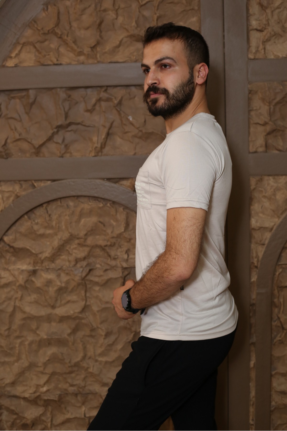 Erkek Bej Kısa Kol Tarz T-Shirt 8153-16