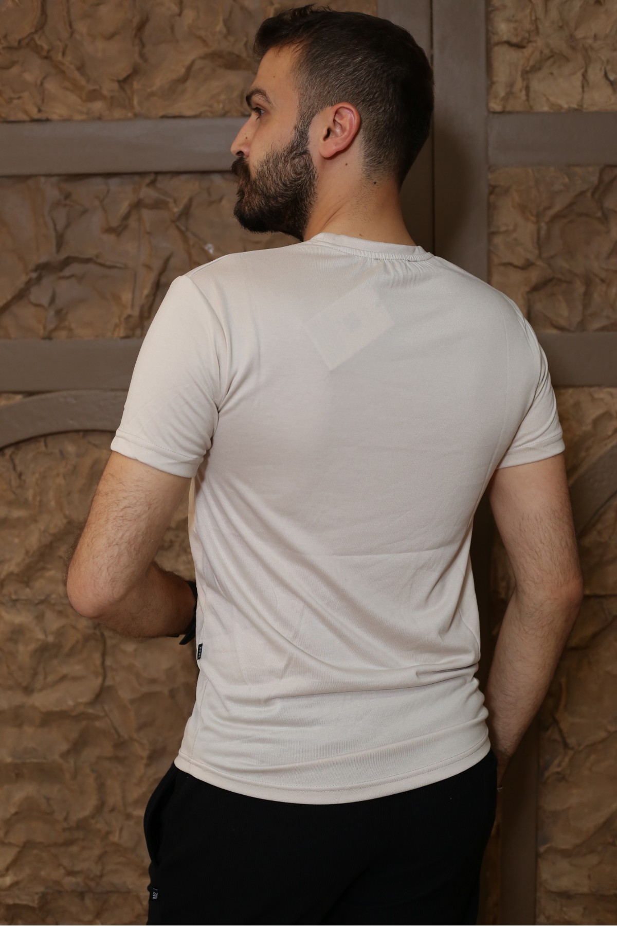 Erkek Bej Kısa Kol Tarz T-Shirt 8153-16