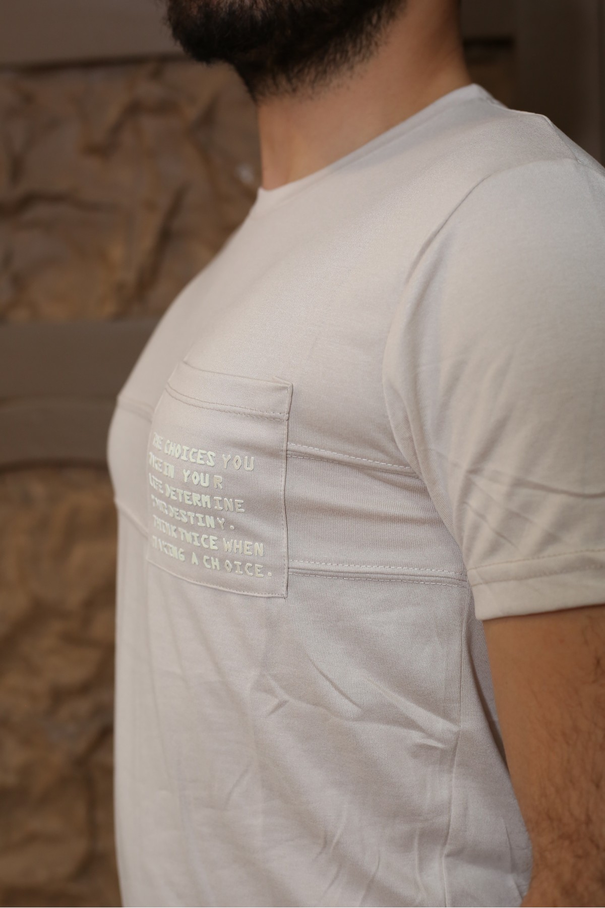 Erkek Bej Kısa Kol Tarz T-Shirt 8153-16