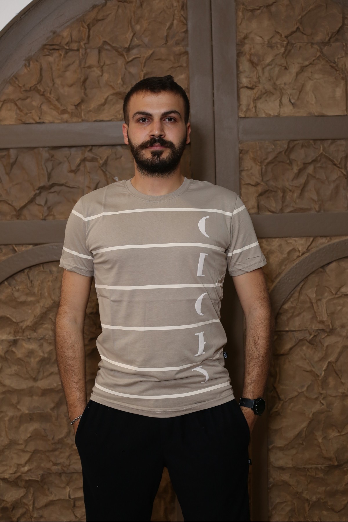 Bej Baskılı Kısa Kol Bisiklet Yaka Slim T-Shirt 8158-16