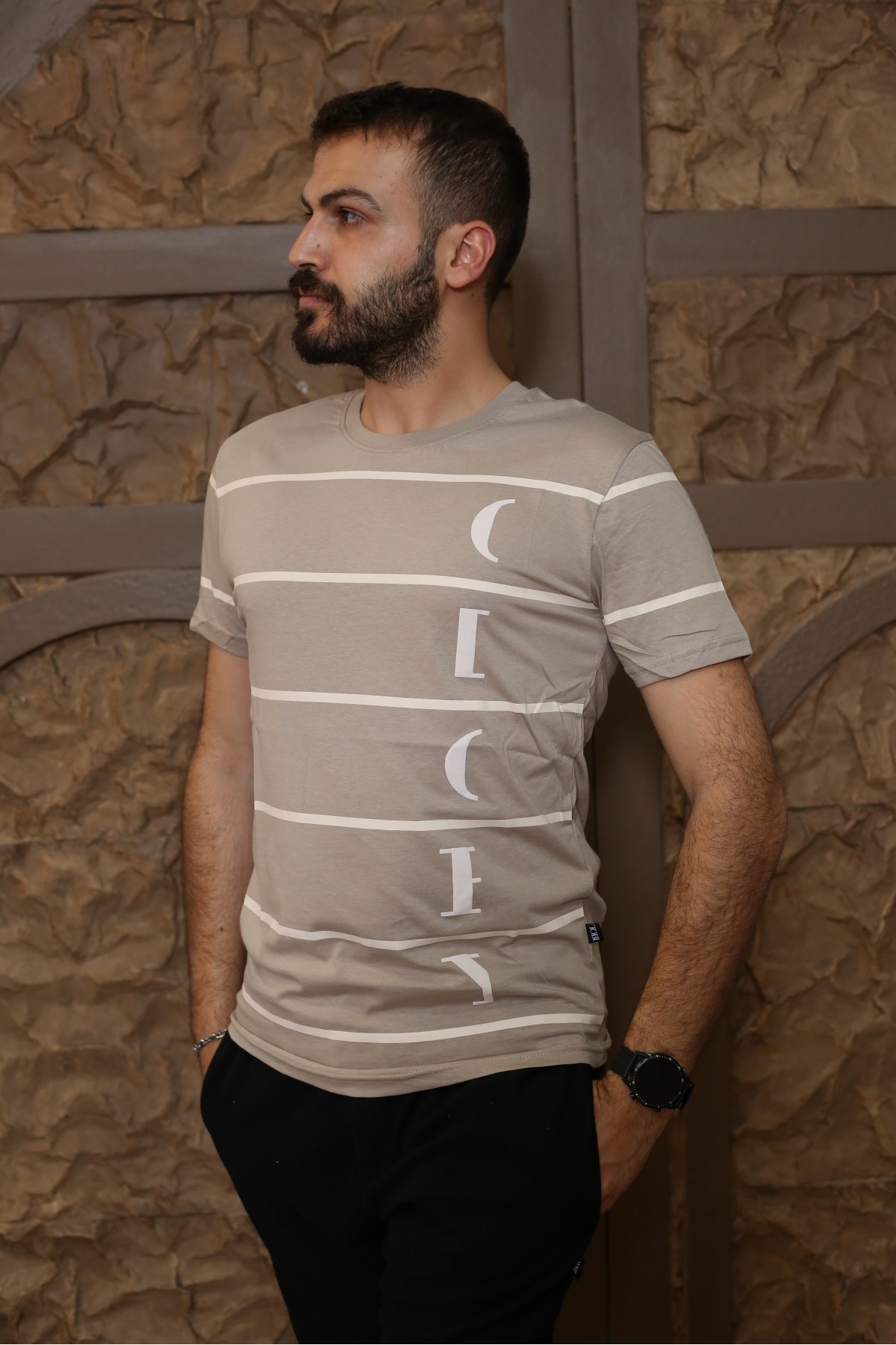 Bej Baskılı Kısa Kol Bisiklet Yaka Slim T-Shirt 8158-16
