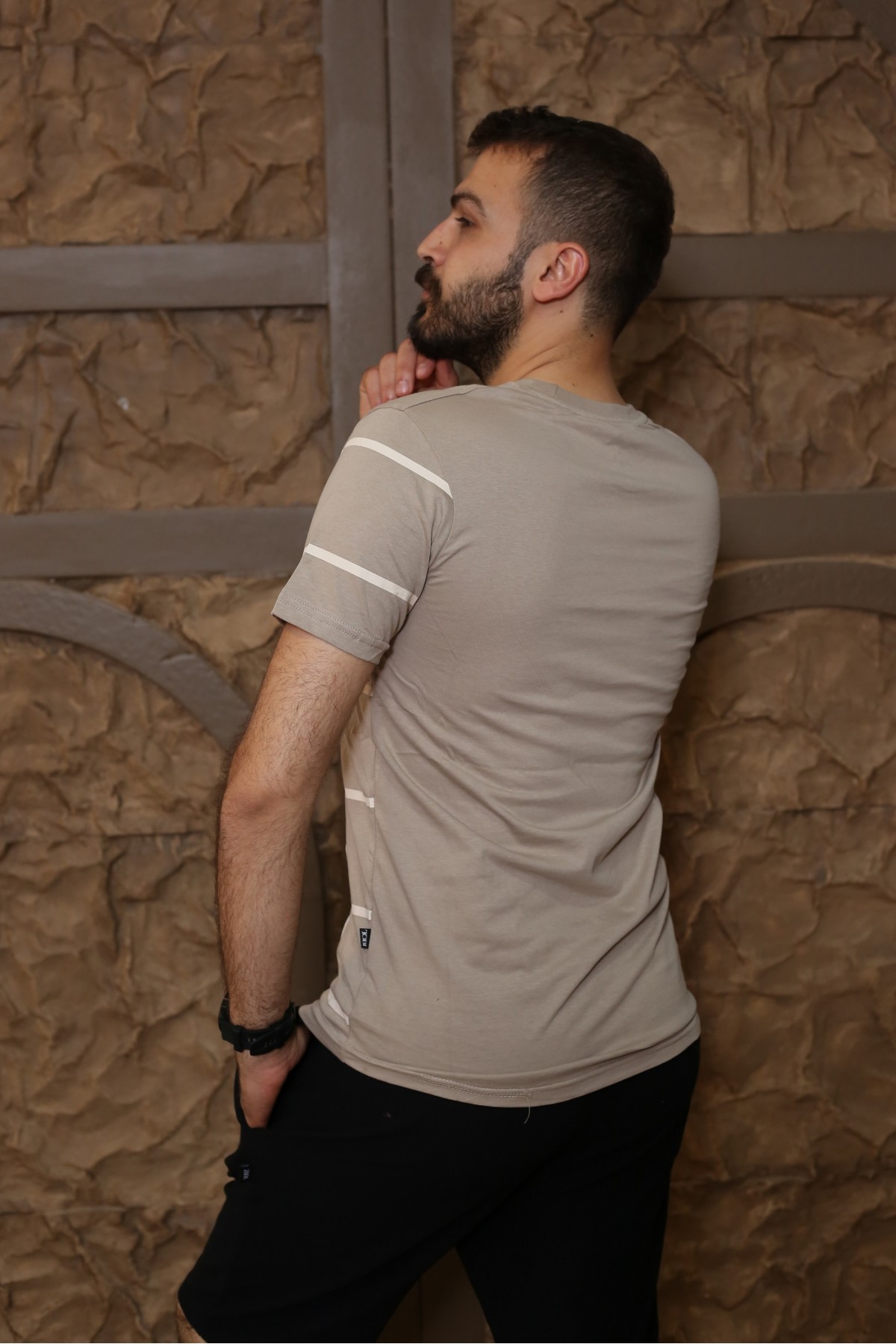 Bej Baskılı Kısa Kol Bisiklet Yaka Slim T-Shirt 8158-16