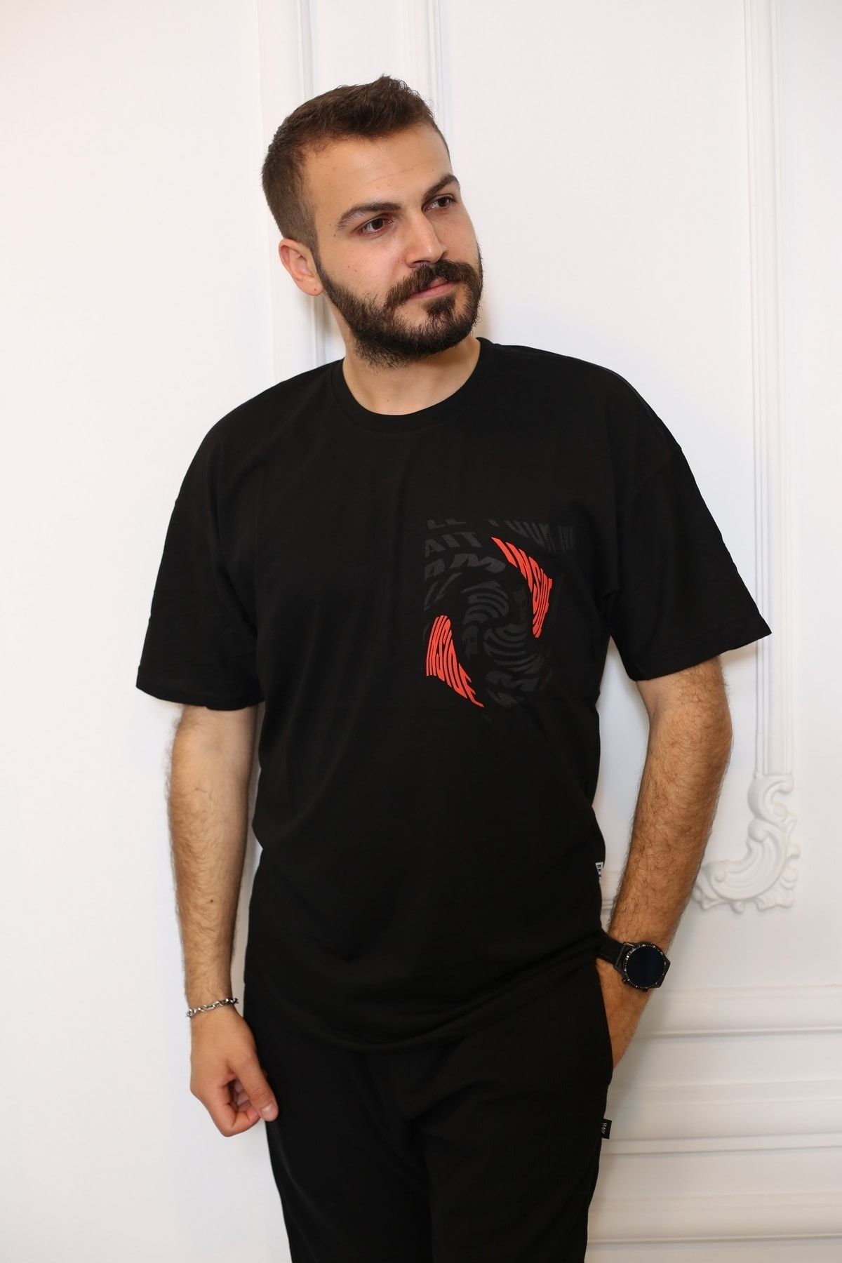 Siyah Sırt Baskılı Kısa Kol Bisiklet Yaka Oversize T-Shirt 8169-01