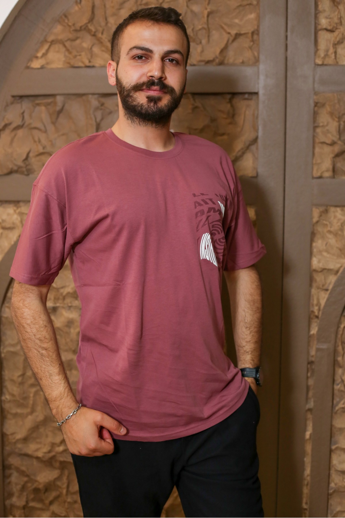 Gül Kurusu Sırt Baskılı Kısa Kol Bisiklet Yaka Oversize T-Shirt 8169-29