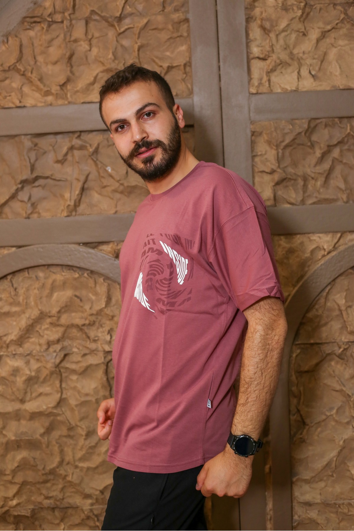 Gül Kurusu Sırt Baskılı Kısa Kol Bisiklet Yaka Oversize T-Shirt 8169-29