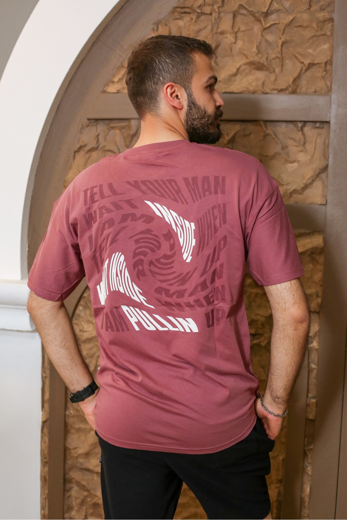 Gül Kurusu Sırt Baskılı Kısa Kol Bisiklet Yaka Oversize T-Shirt 8169-29