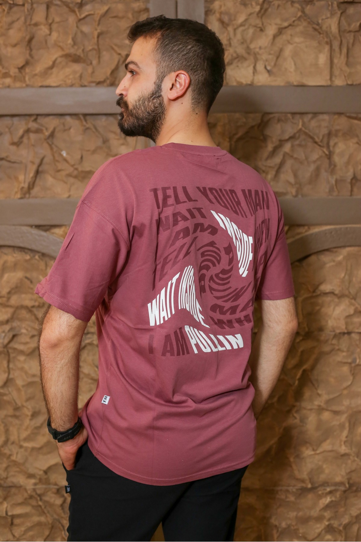 Gül Kurusu Sırt Baskılı Kısa Kol Bisiklet Yaka Oversize T-Shirt 8169-29