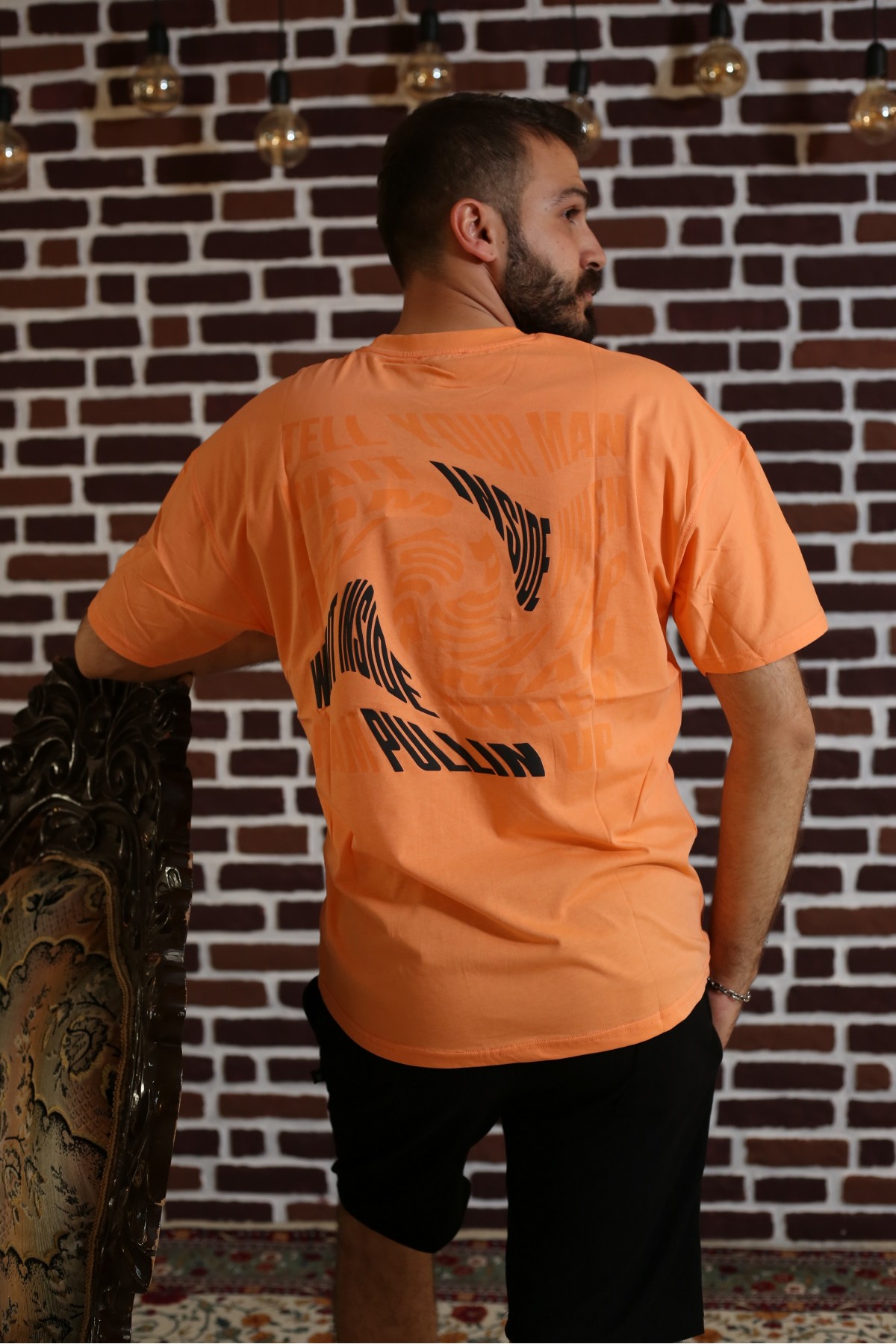 Turuncu Sırt Baskılı Kısa Kol Bisiklet Yaka Oversize T-Shirt 8169-30