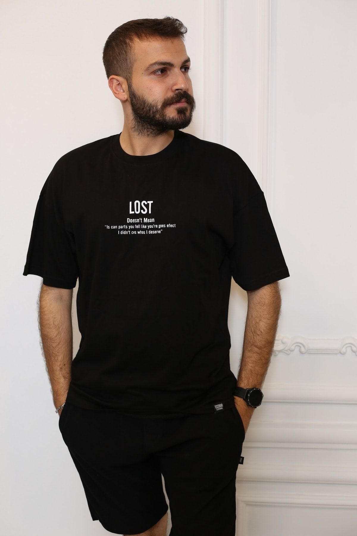 Siyah Oversize Sırt Baskılı Kısa Kol Bisiklet Yaka T-Shirt 90108-01