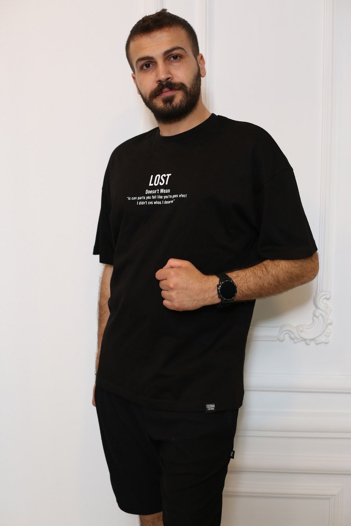 Siyah Oversize Sırt Baskılı Kısa Kol Bisiklet Yaka T-Shirt 90108-01