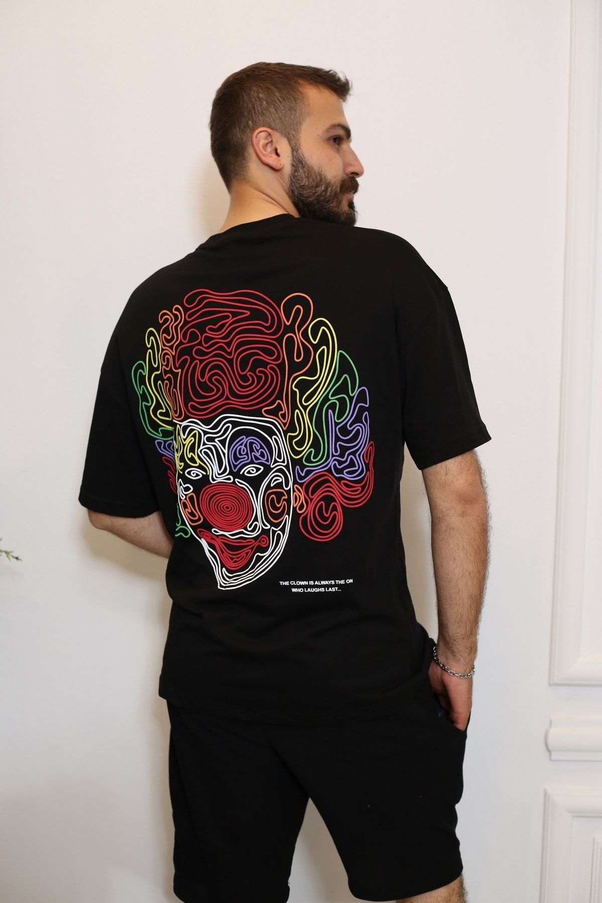 Siyah Oversize Sırt Baskılı Kısa Kol Bisiklet Yaka T-Shirt 90109-01