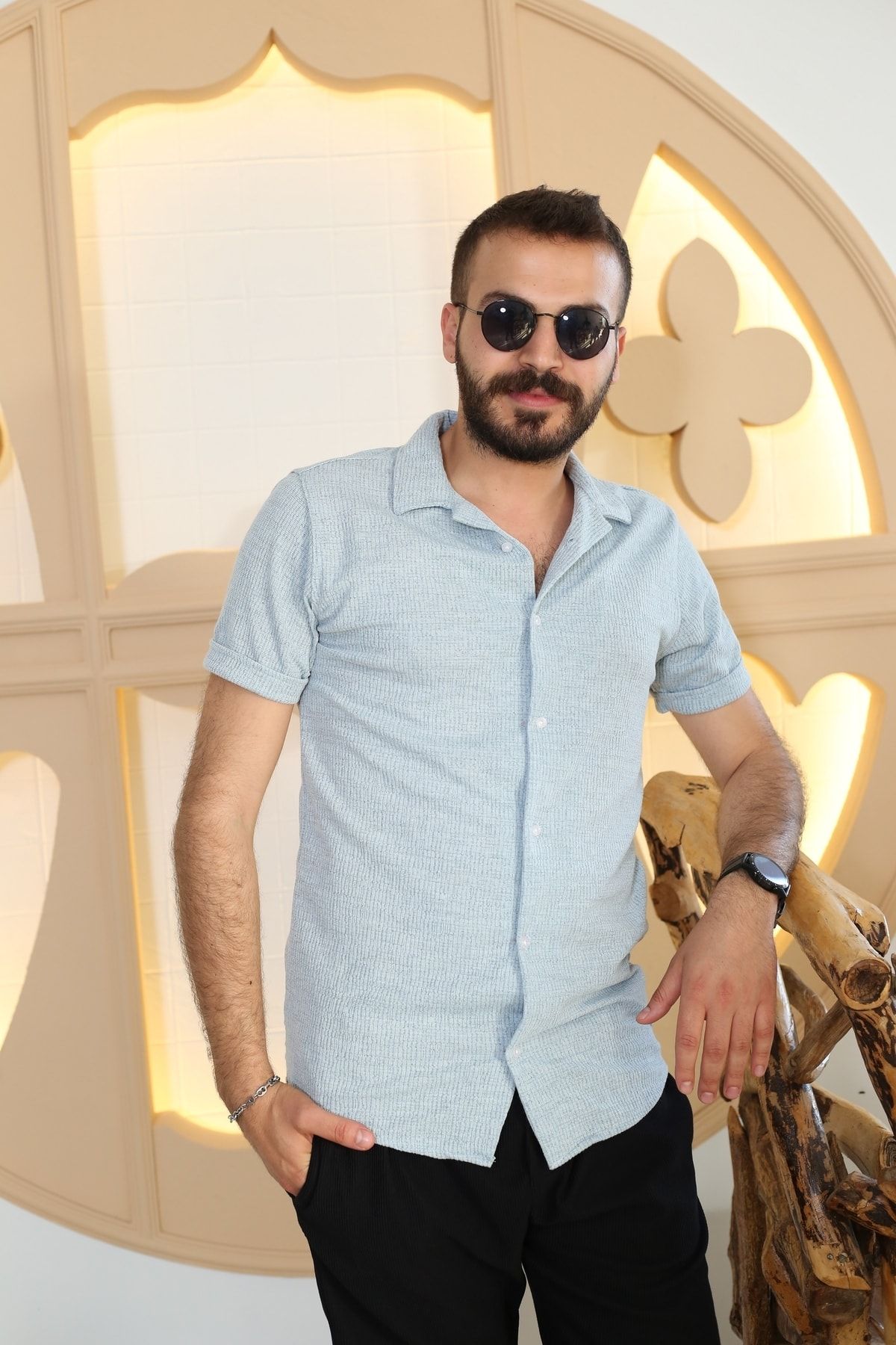 Erkek Bebe Mavisi Desenli Kısa Kol Polo Yaka Tarz Gömlek 90122-05