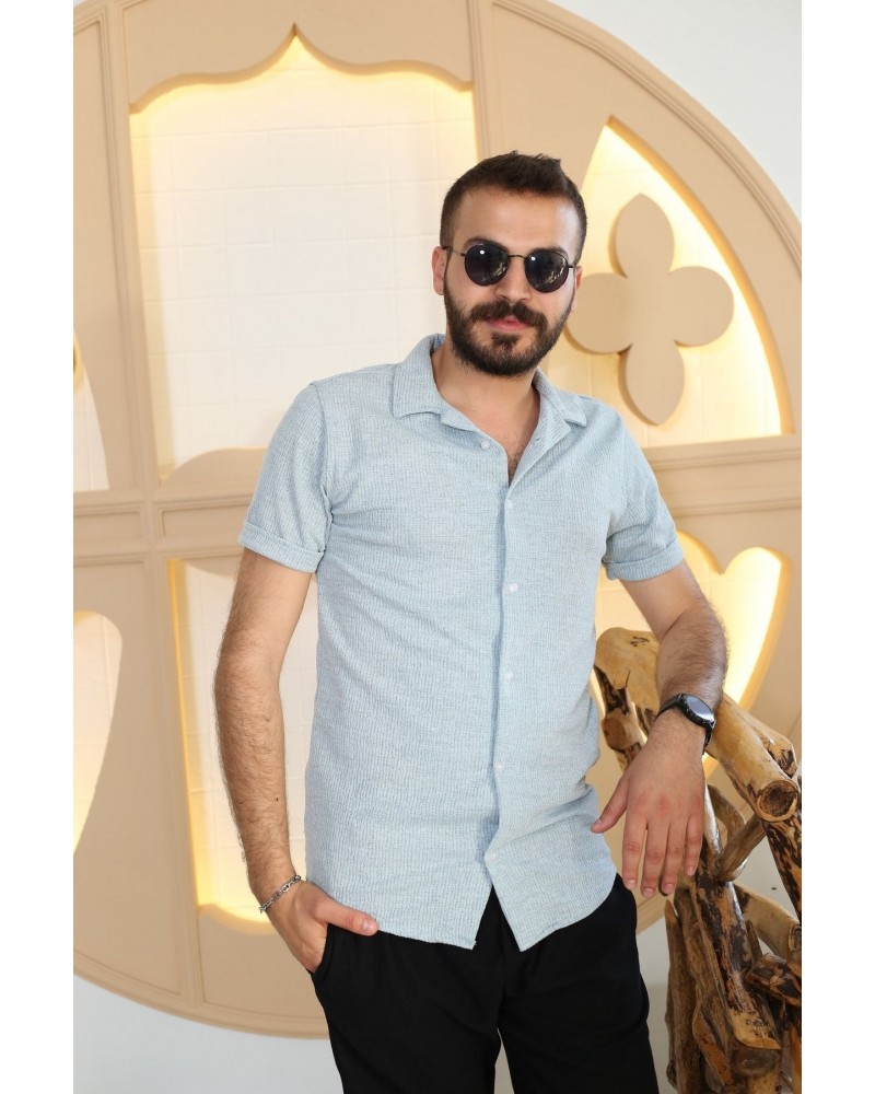 Erkek Bebe Mavisi Desenli Kısa Kol Polo Yaka Tarz Gömlek 90122-05