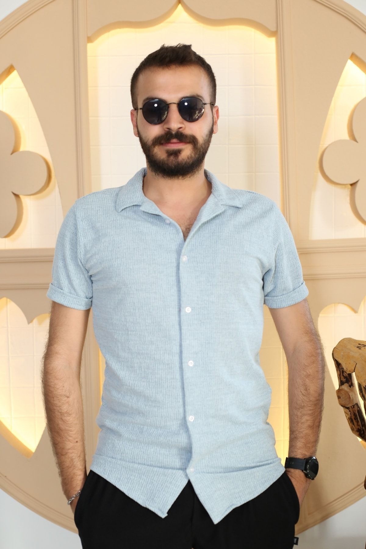 Erkek Bebe Mavisi Desenli Kısa Kol Polo Yaka Tarz Gömlek 90122-05