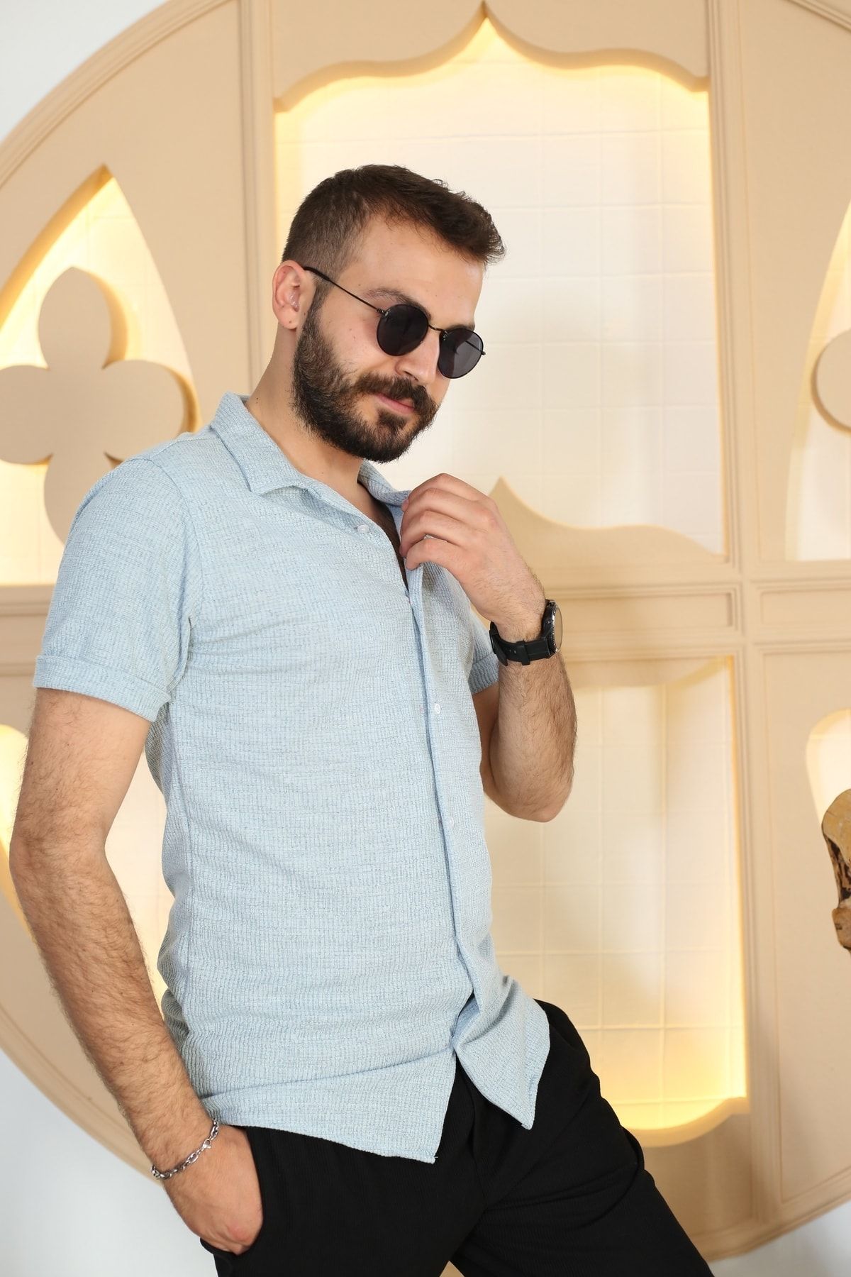 Erkek Bebe Mavisi Desenli Kısa Kol Polo Yaka Tarz Gömlek 90122-05