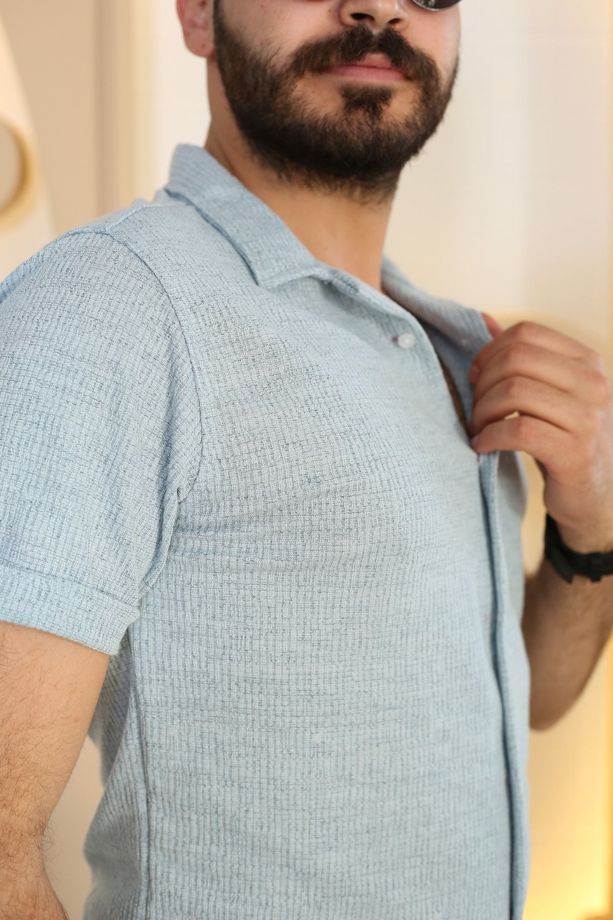 Erkek Bebe Mavisi Desenli Kısa Kol Polo Yaka Tarz Gömlek 90122-05