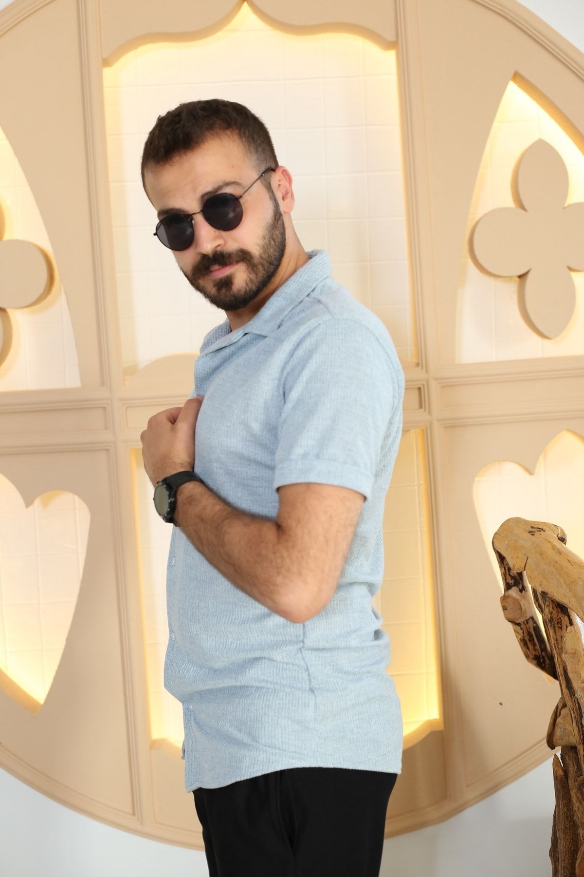 Erkek Bebe Mavisi Desenli Kısa Kol Polo Yaka Tarz Gömlek 90122-05