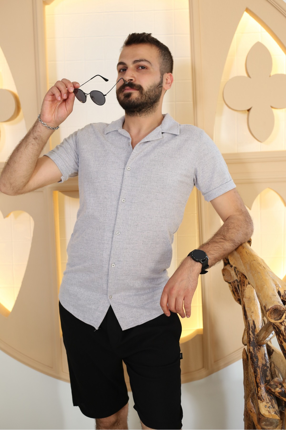 Erkek Gri Desenli Kısa Kol Polo Yaka Tarz Gömlek 90122-11