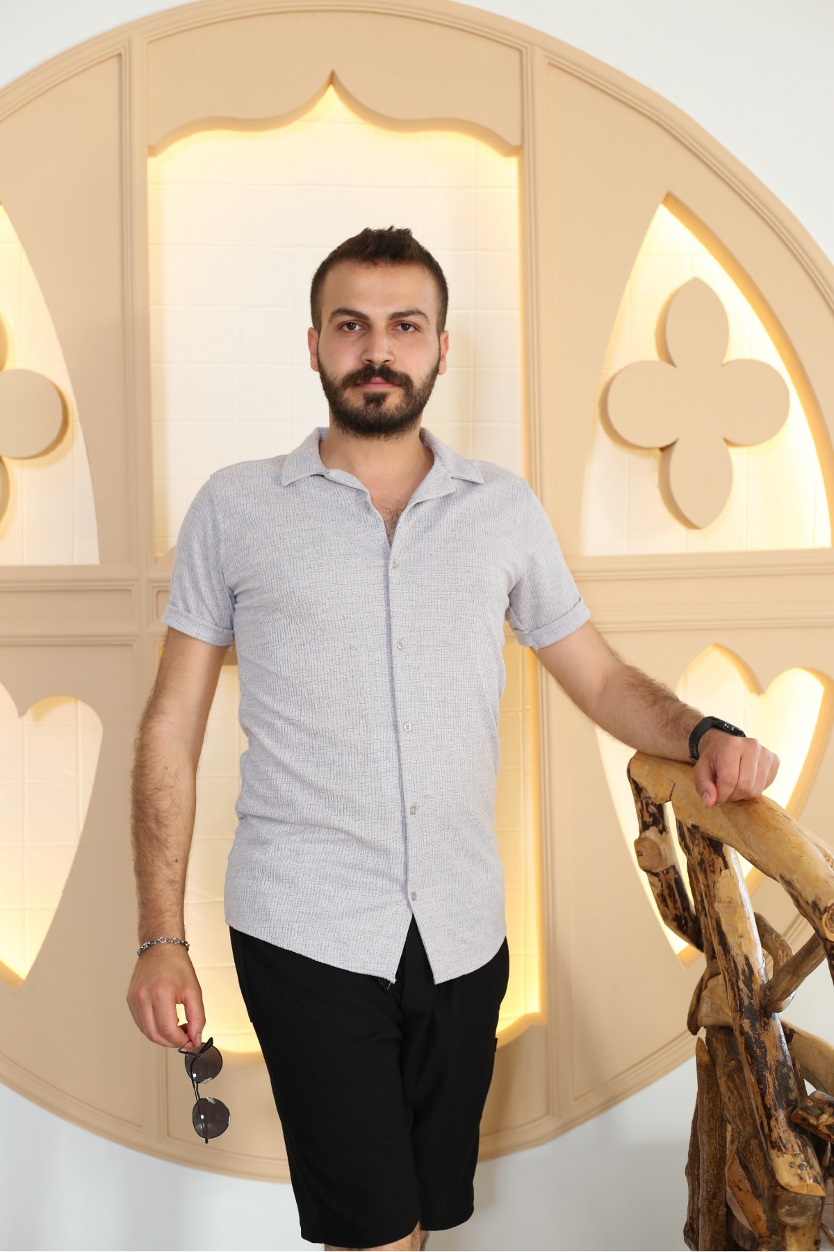 Erkek Gri Desenli Kısa Kol Polo Yaka Tarz Gömlek 90122-11