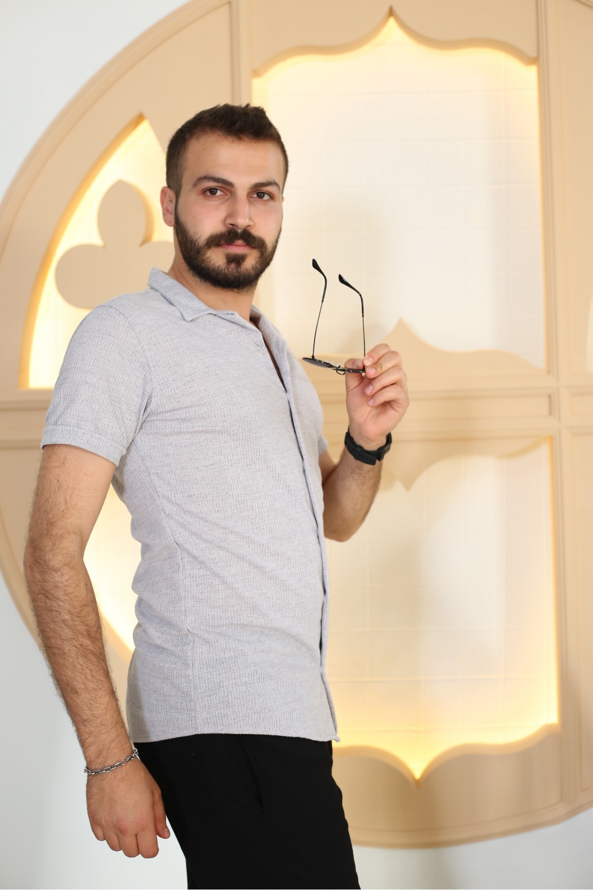 Erkek Gri Desenli Kısa Kol Polo Yaka Tarz Gömlek 90122-11