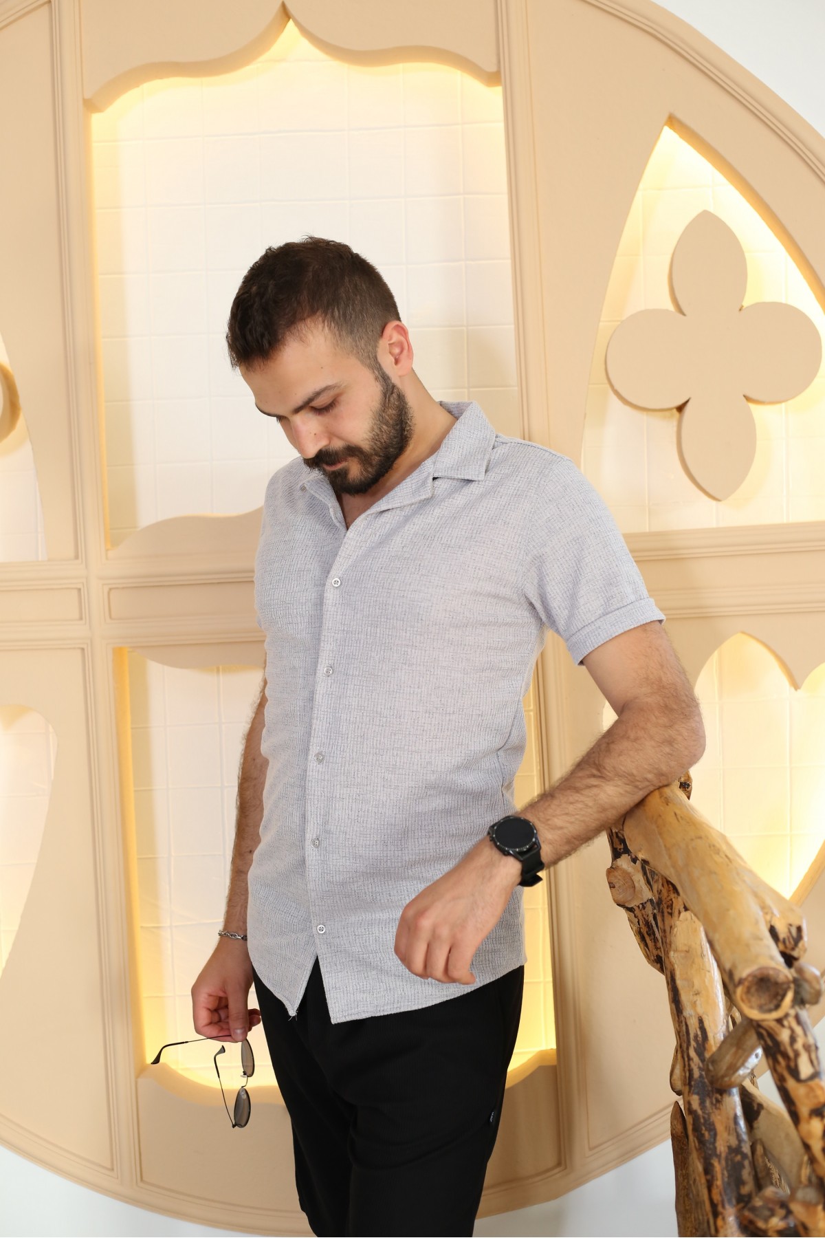 Erkek Gri Desenli Kısa Kol Polo Yaka Tarz Gömlek 90122-11