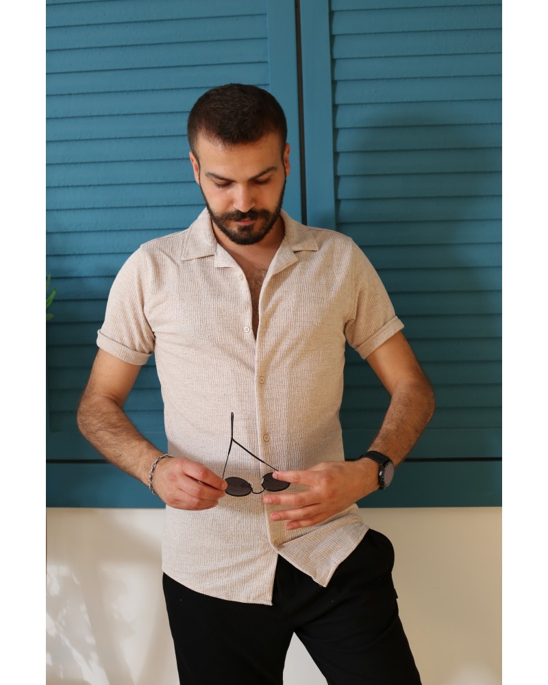 Erkek Bej Desenli Kısa Kol Polo Yaka Tarz Gömlek 90122-16