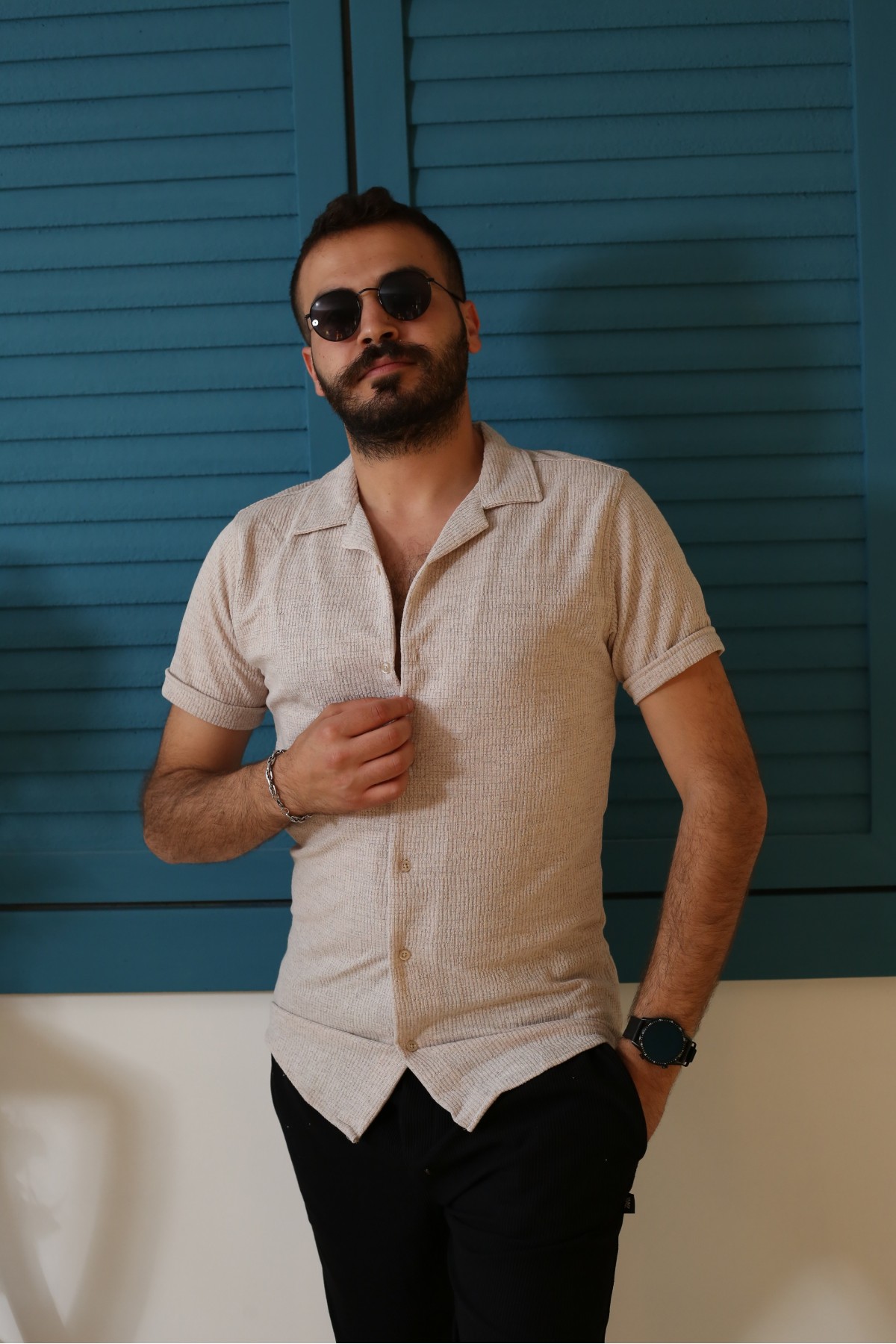 Erkek Bej Desenli Kısa Kol Polo Yaka Tarz Gömlek 90122-16