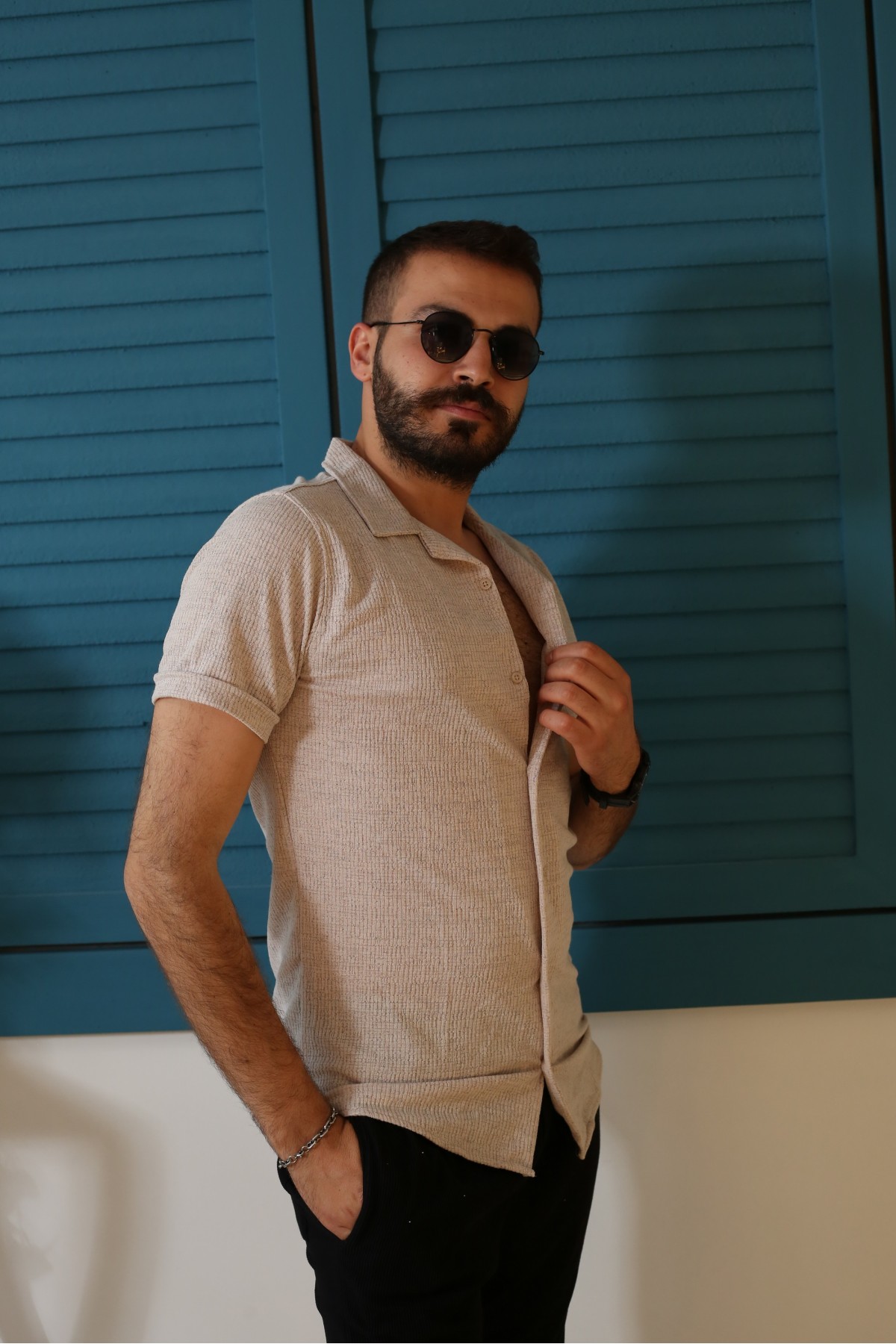 Erkek Bej Desenli Kısa Kol Polo Yaka Tarz Gömlek 90122-16