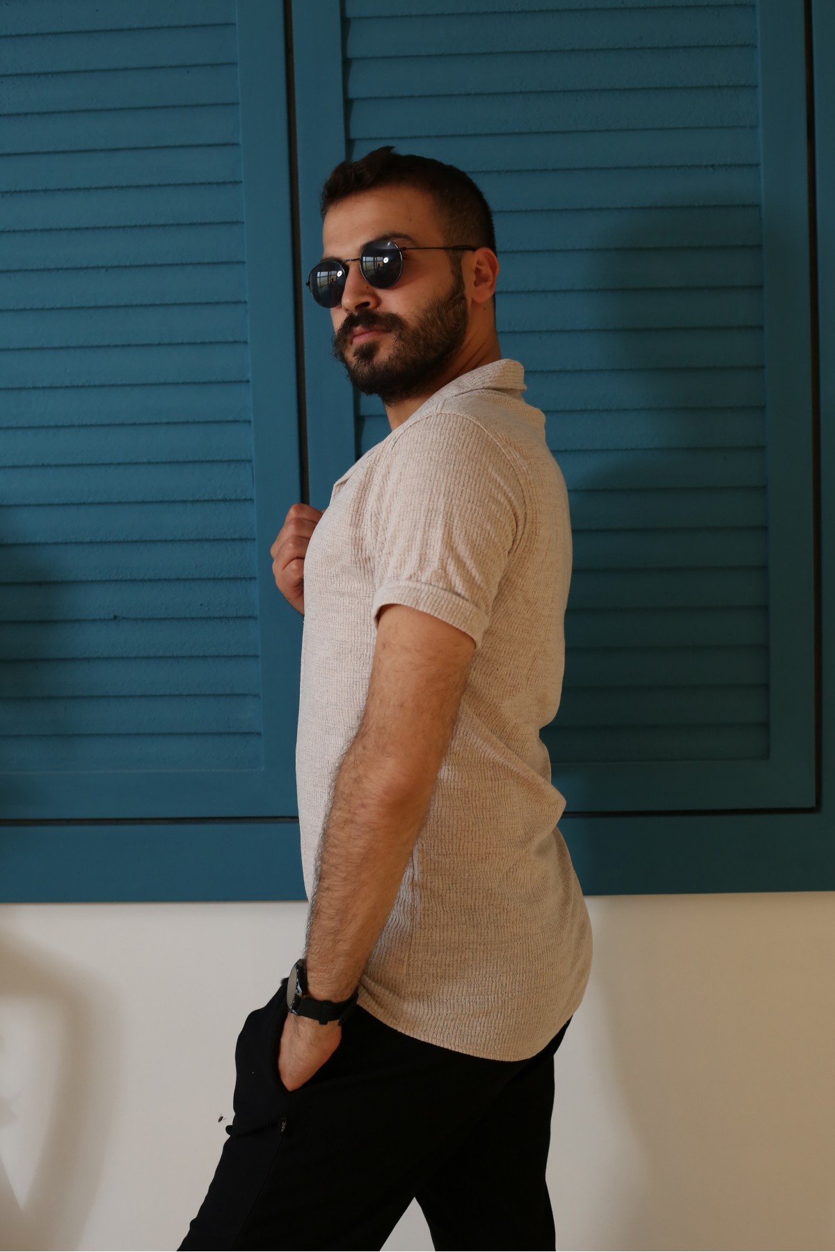 Erkek Bej Desenli Kısa Kol Polo Yaka Tarz Gömlek 90122-16