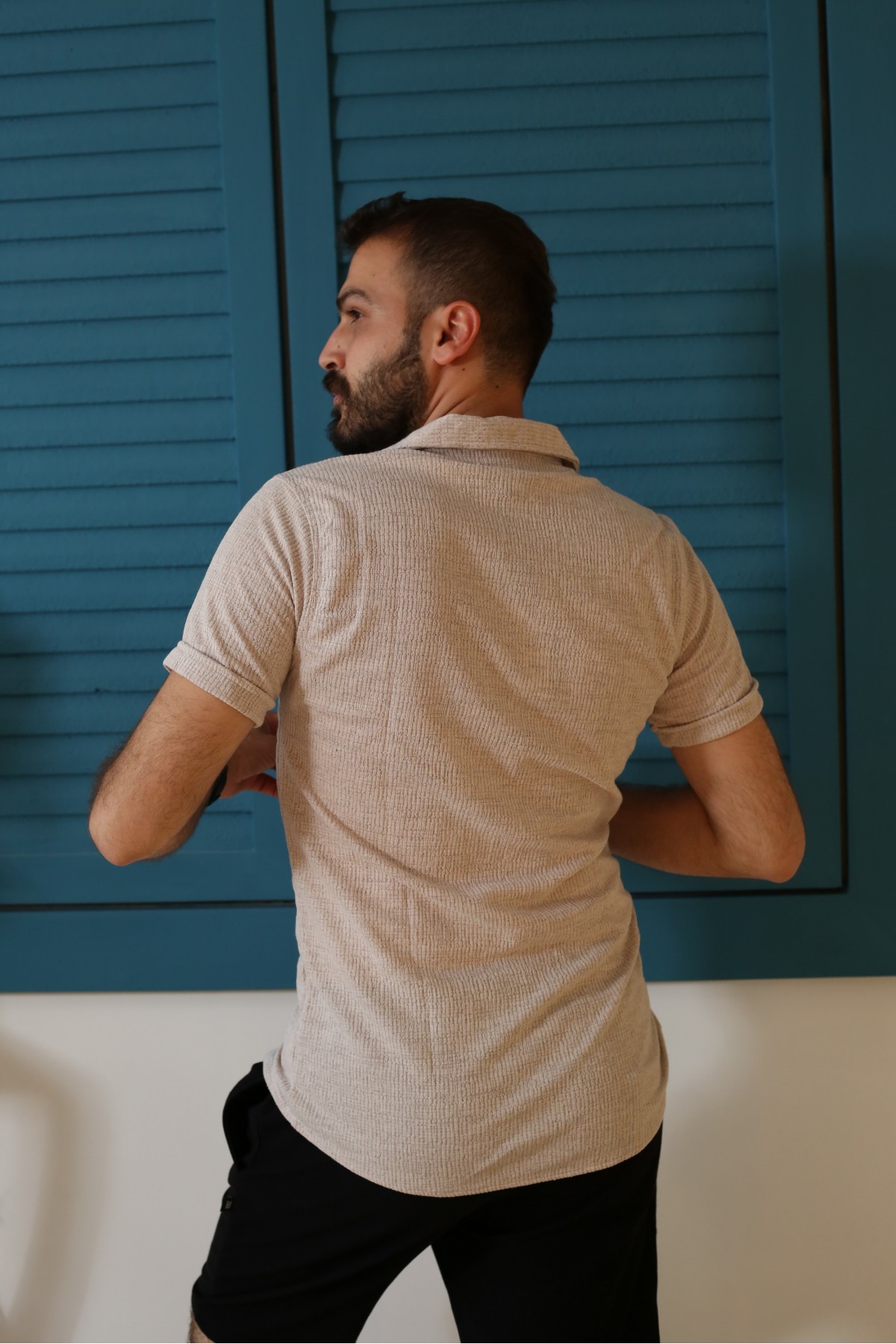 Erkek Bej Desenli Kısa Kol Polo Yaka Tarz Gömlek 90122-16