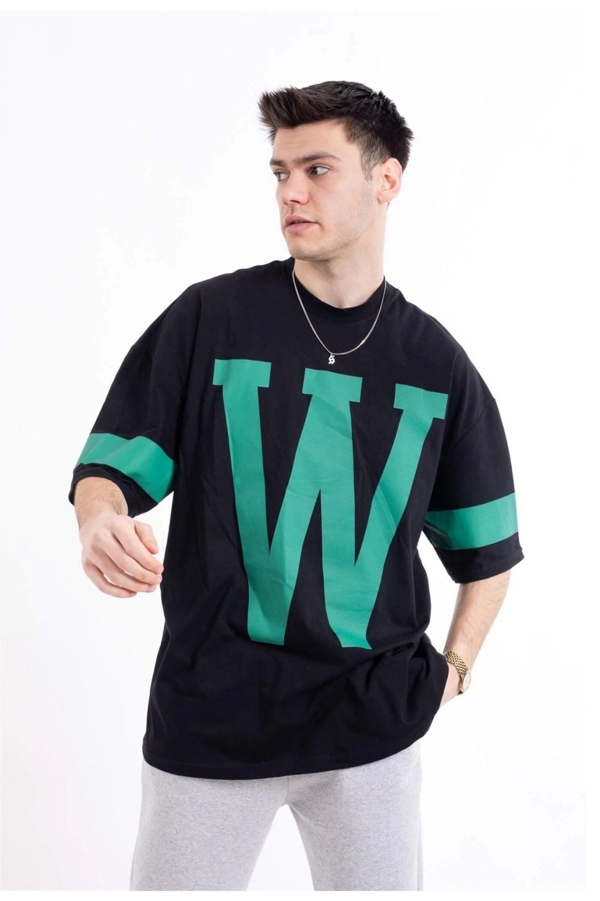 Erkek Siyah Oversize Baskılı Kısa Kol Bisiklet Yaka T-Shirt 90140-01