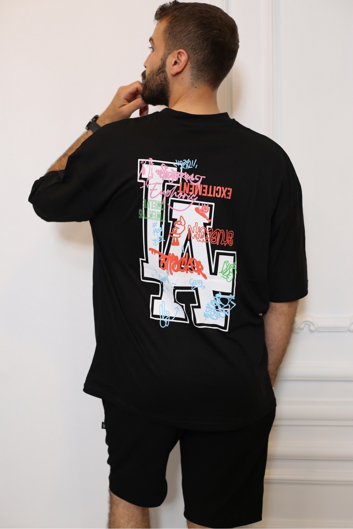 Siyah Oversize Sırt Baskılı Kısa Kol Bisiklet Yaka T-Shirt 90142-01