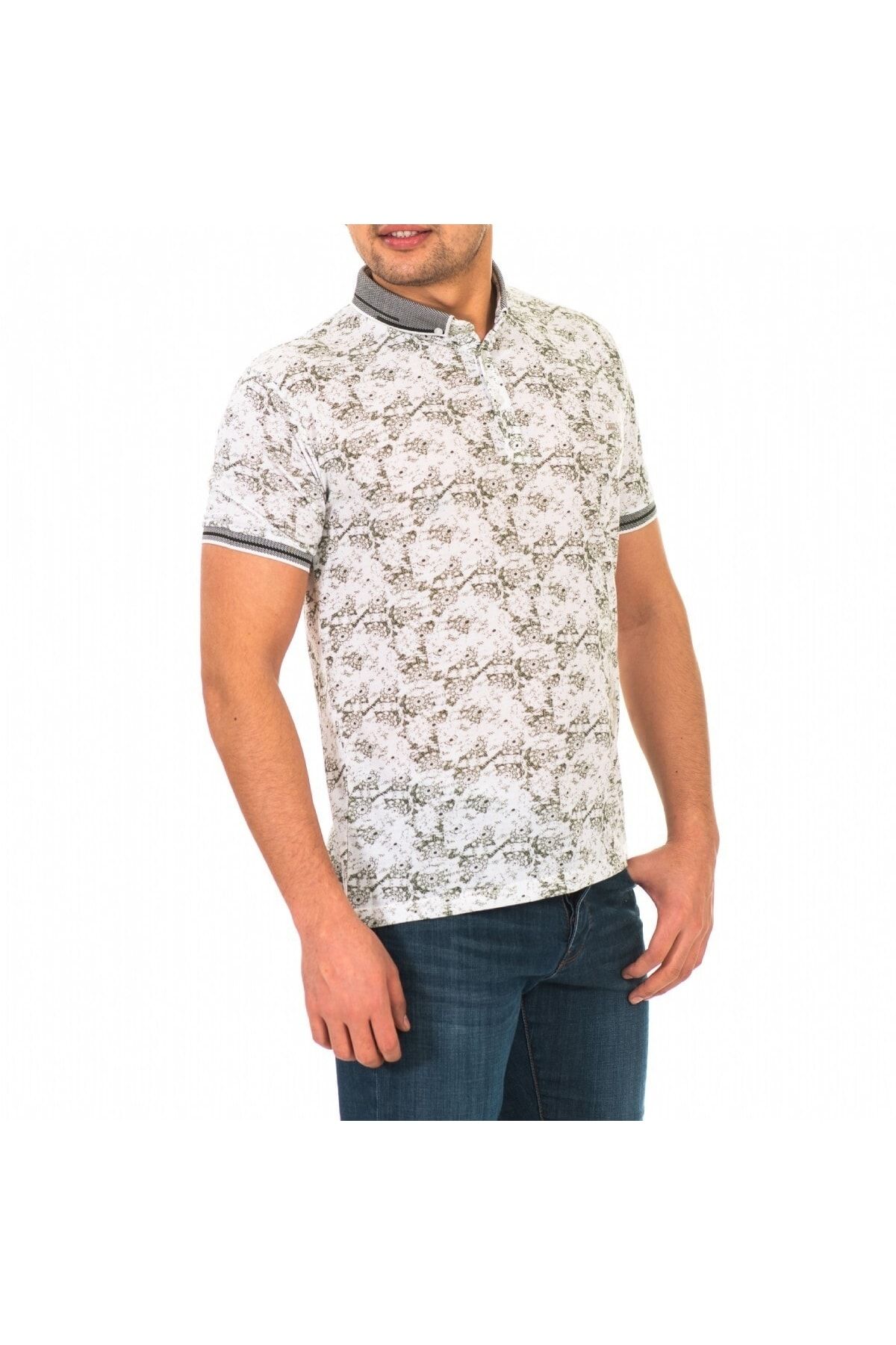 Erkek Haki Dijital Baskı Desenli Polo Yaka Kısa Kol T-Shirt 9015-1