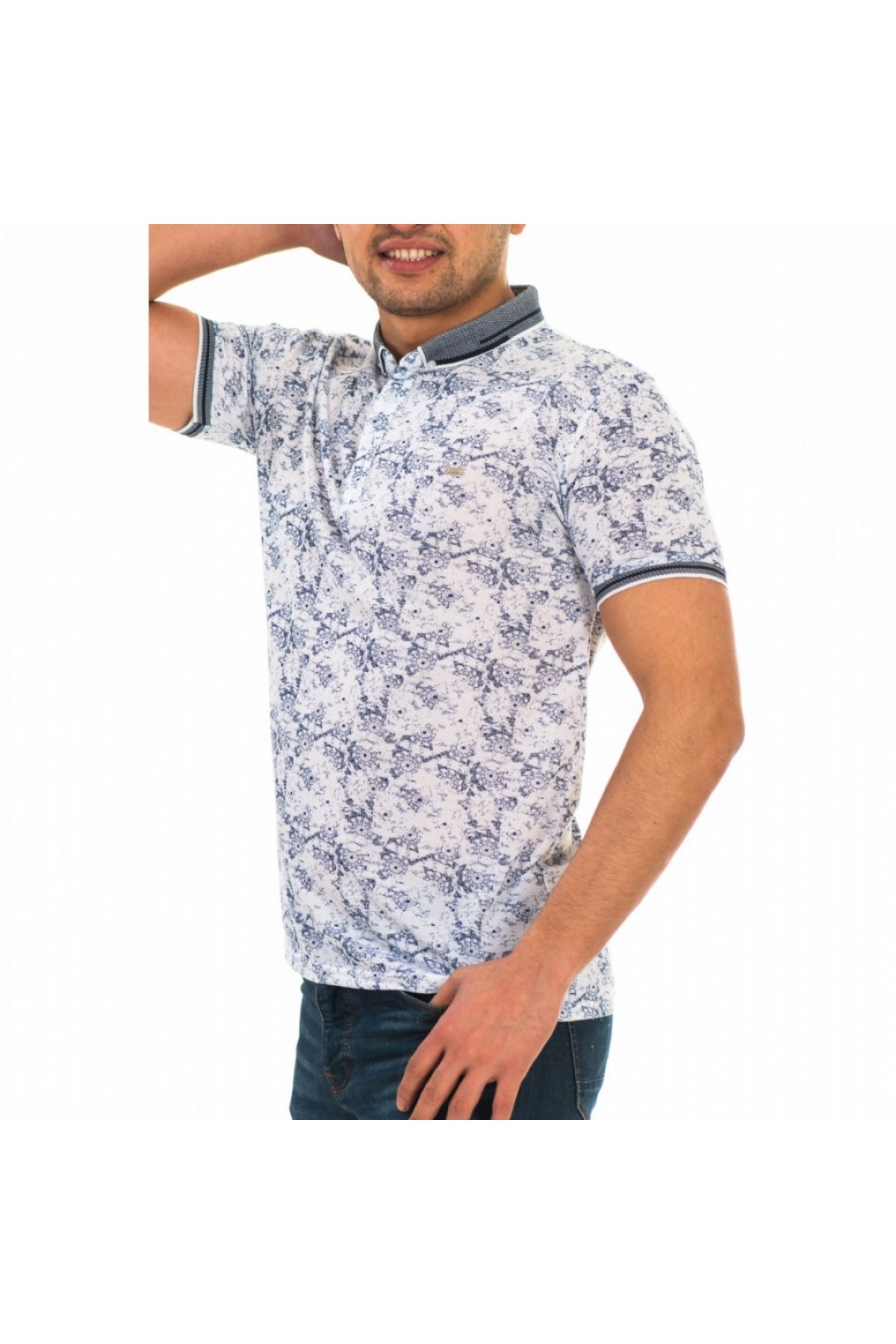 Erkek Lacivert Dijital Baskı Desenli Polo Yaka Kısa Kol T-Shirt 9015-2