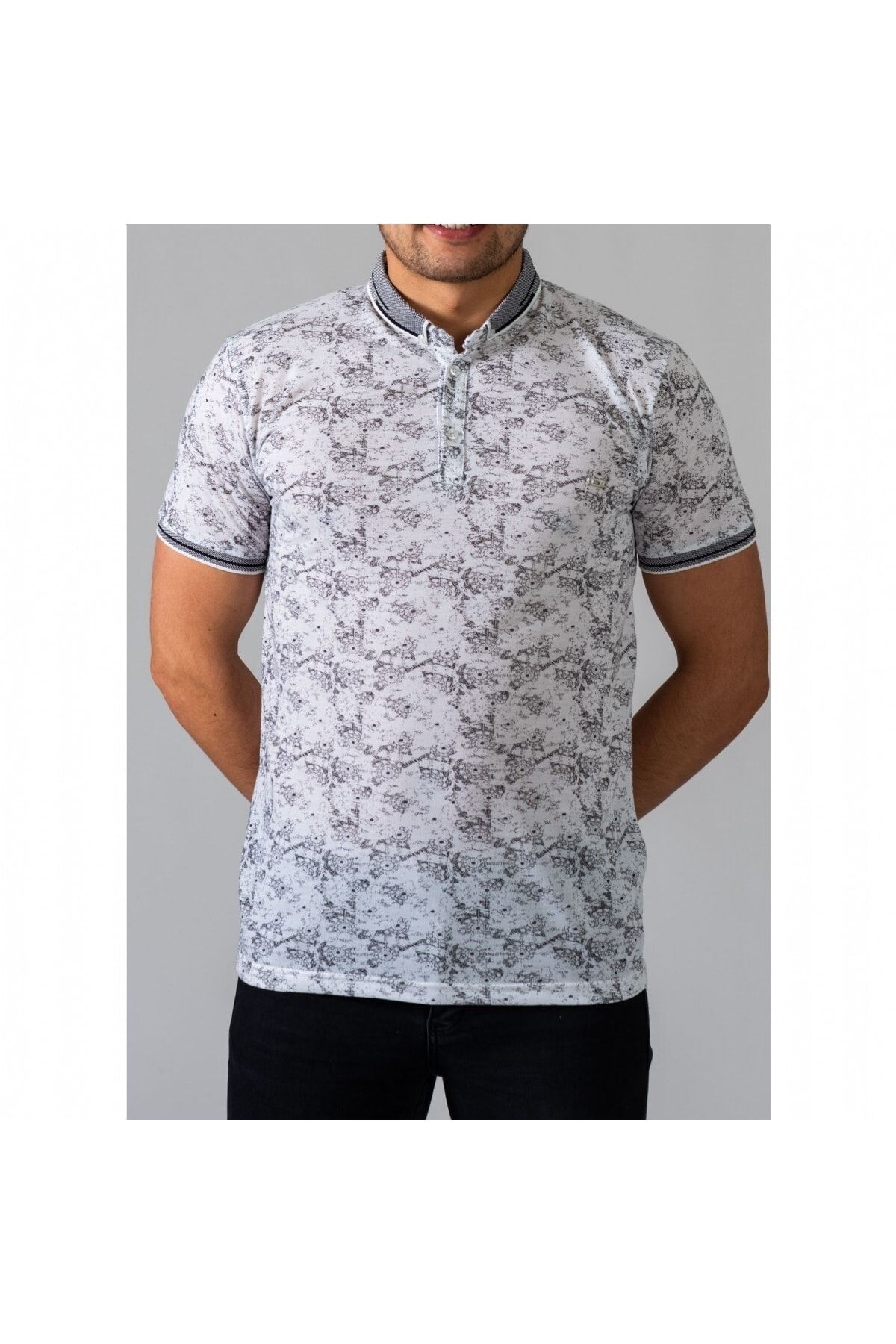 Erkek Gri Dijital Baskı Desenli Polo Yaka Kısa Kol T-Shirt 9015-4