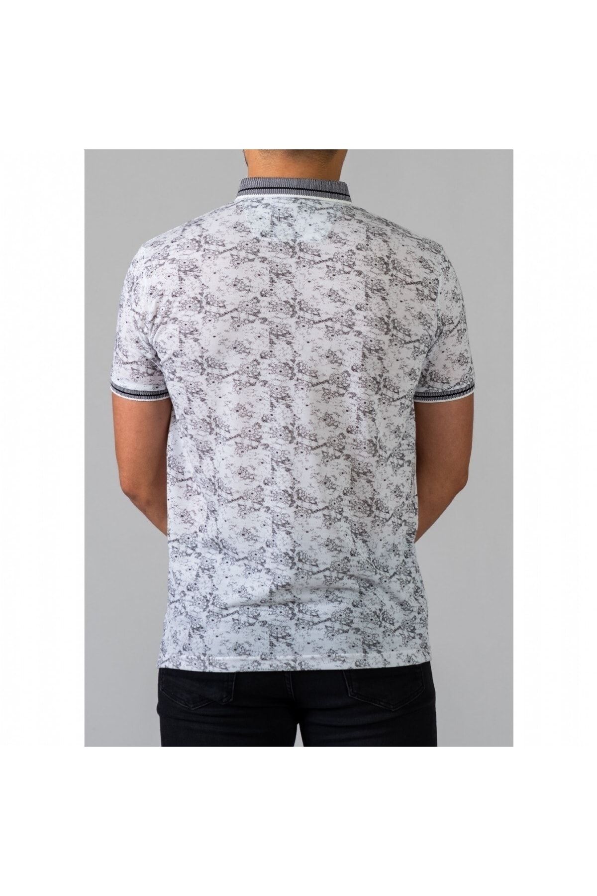 Erkek Gri Dijital Baskı Desenli Polo Yaka Kısa Kol T-Shirt 9015-4