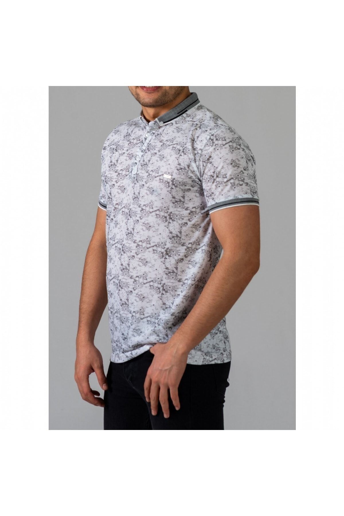 Erkek Gri Dijital Baskı Desenli Polo Yaka Kısa Kol T-Shirt 9015-4