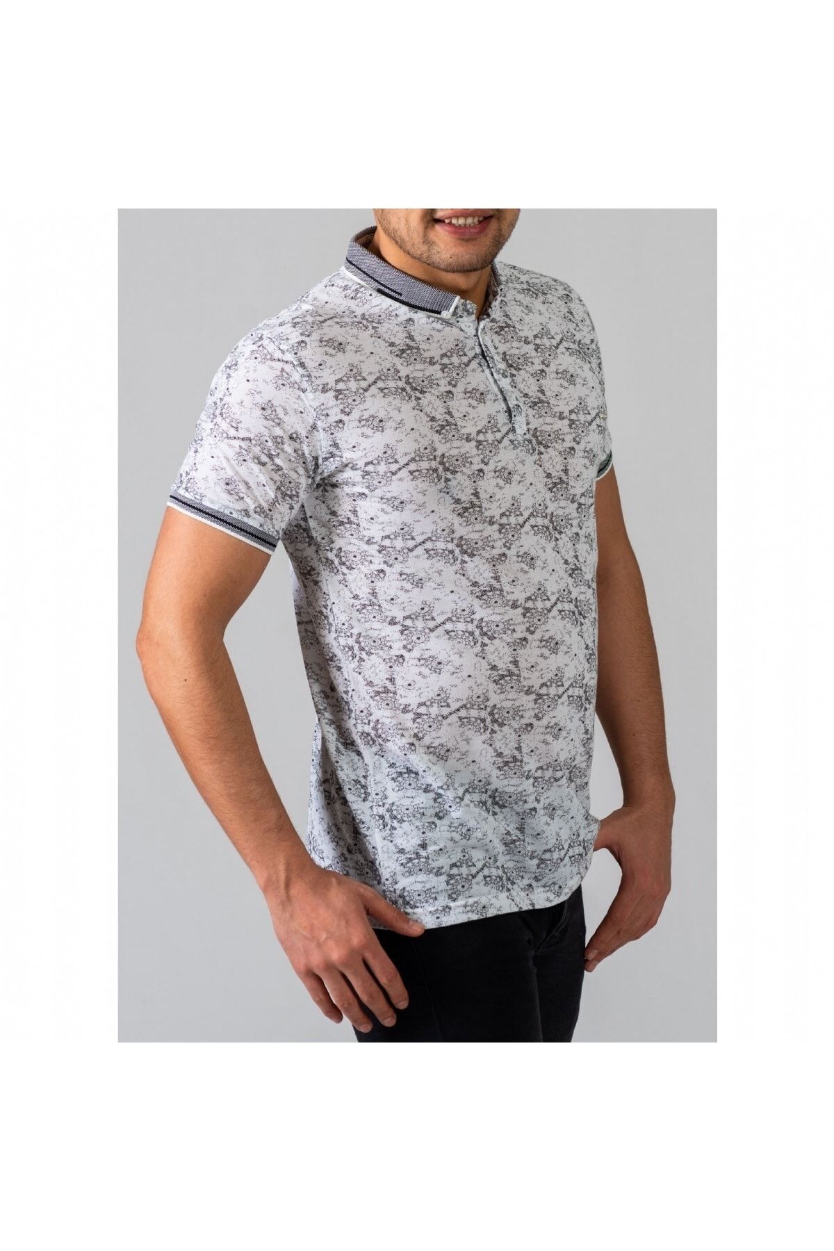 Erkek Gri Dijital Baskı Desenli Polo Yaka Kısa Kol T-Shirt 9015-4