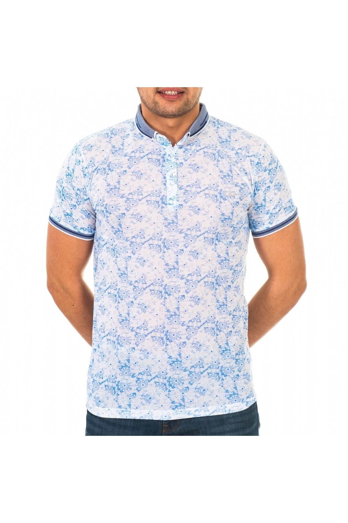Erkek Mavi Dijital Baskı Desenli Polo Yaka Kısa Kol T-Shirt 9015-5