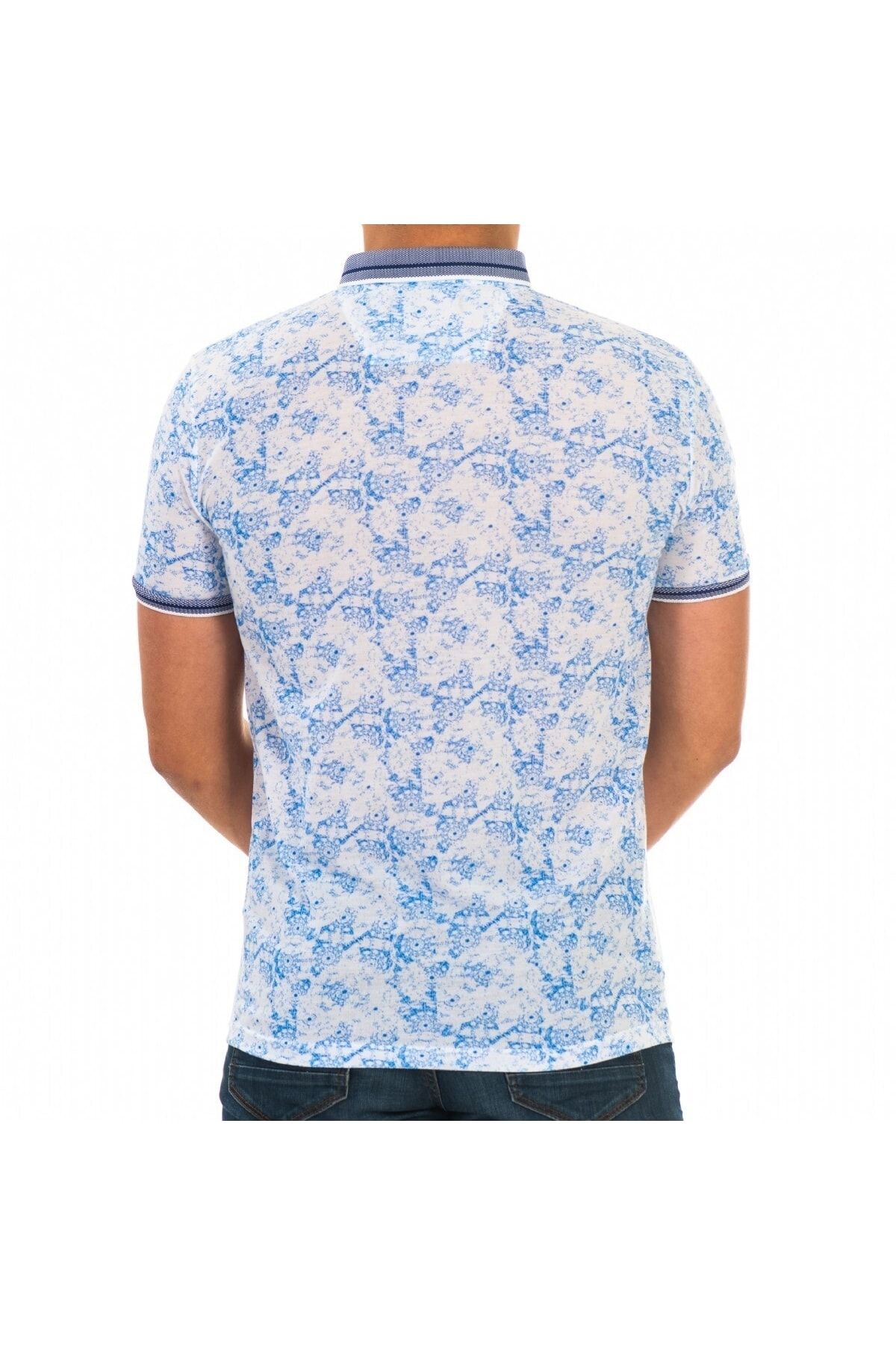 Erkek Mavi Dijital Baskı Desenli Polo Yaka Kısa Kol T-Shirt 9015-5