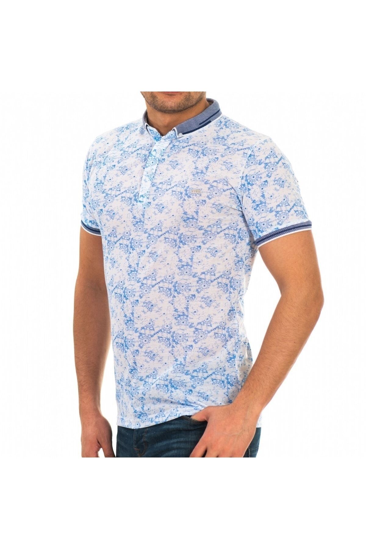Erkek Mavi Dijital Baskı Desenli Polo Yaka Kısa Kol T-Shirt 9015-5