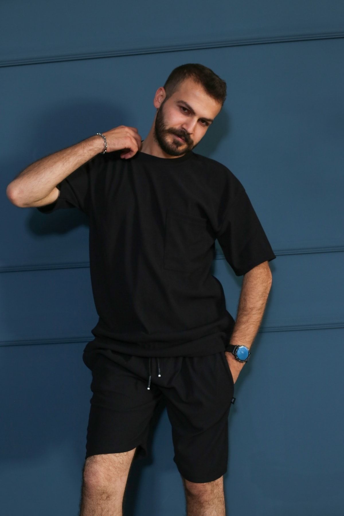 Siyah Bisiklet Yaka Fitilli Oversize T-Shirt 90153-01