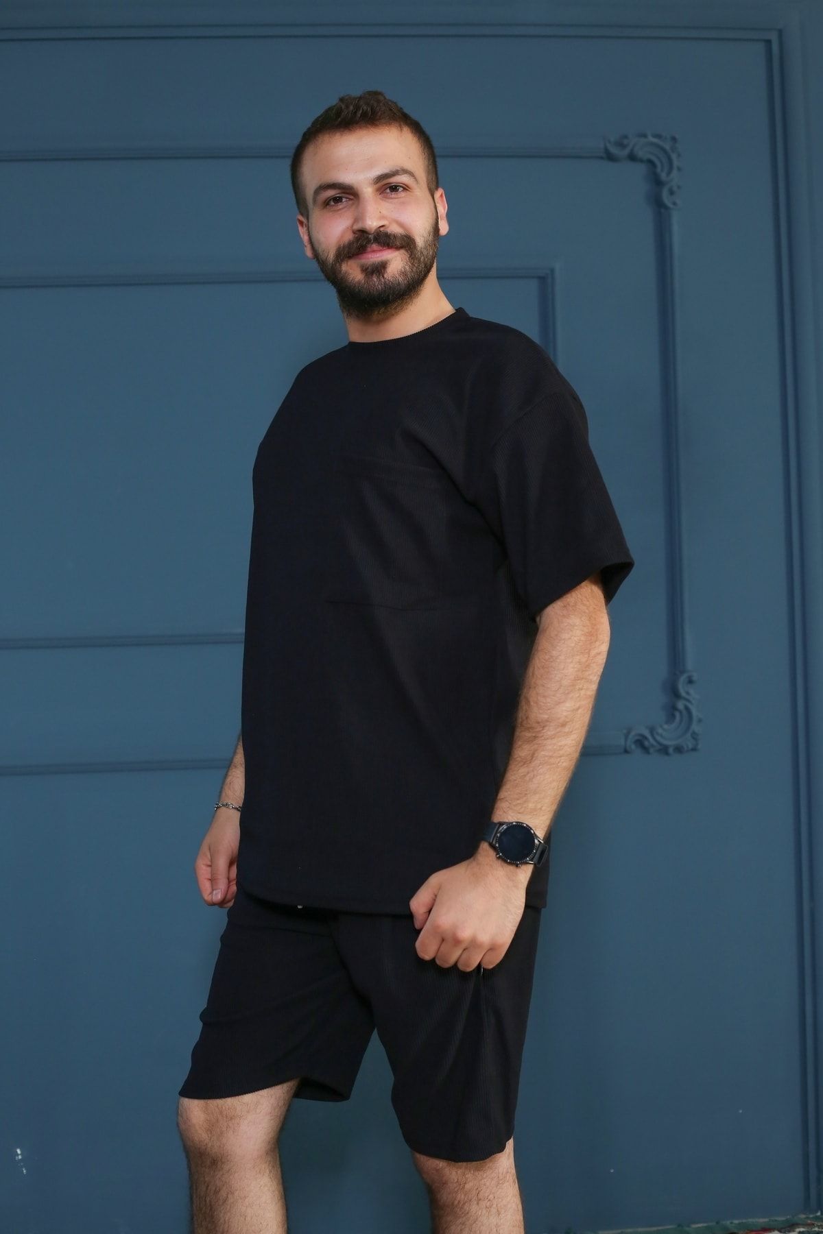 Siyah Bisiklet Yaka Fitilli Oversize T-Shirt 90153-01