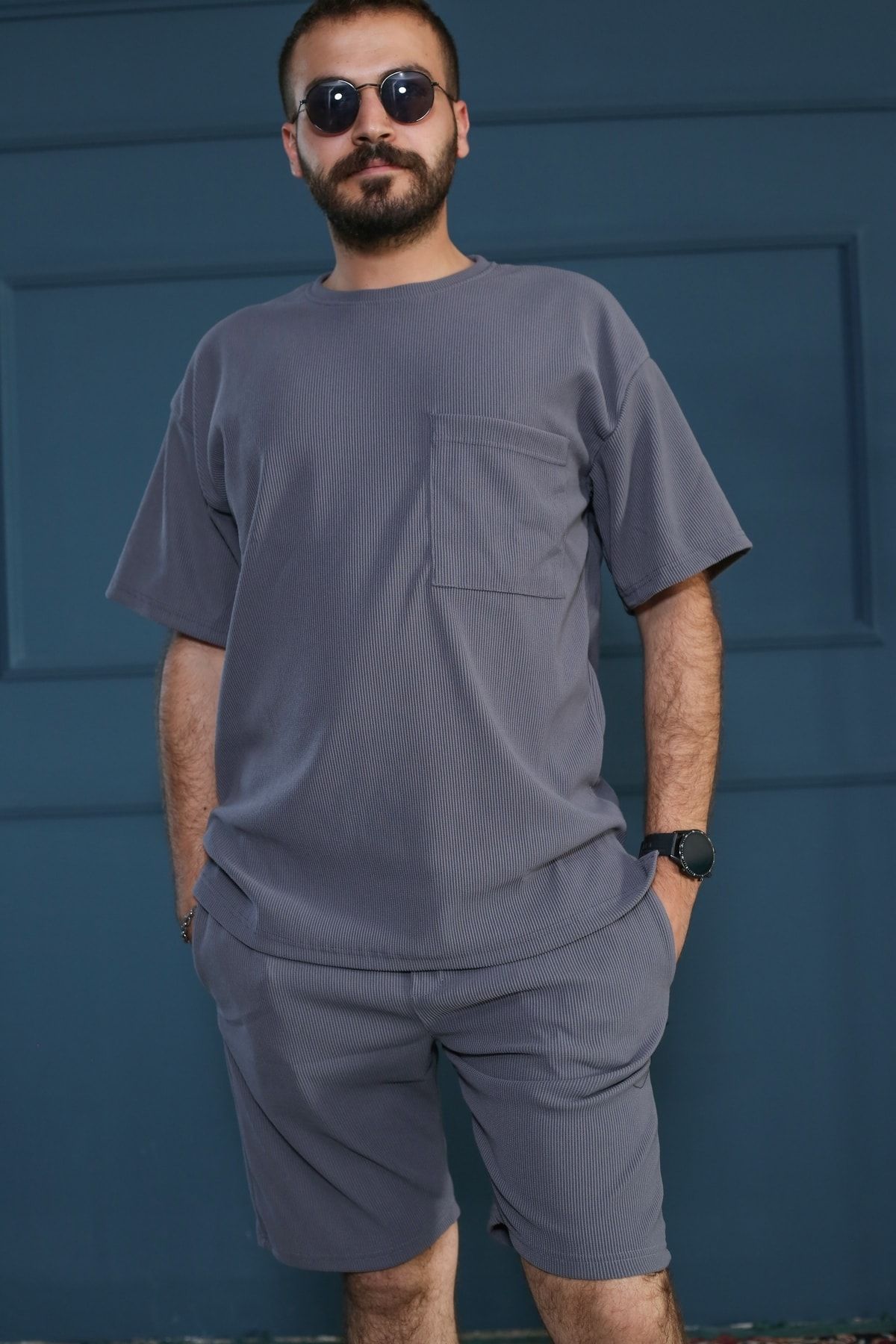 Gri Bisiklet Yaka Fitilli Oversize T-Shirt 90153-11