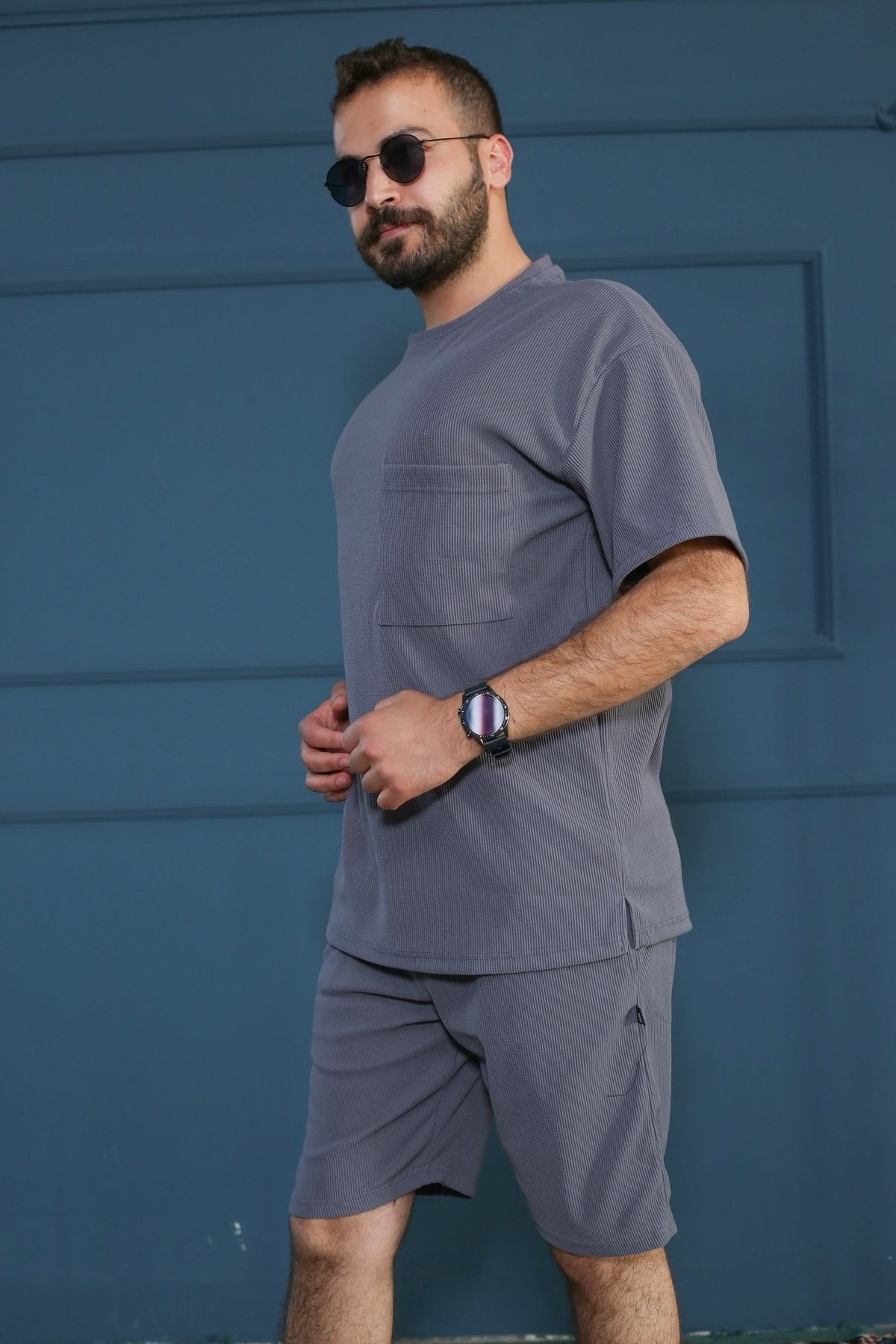 Gri Bisiklet Yaka Fitilli Oversize T-Shirt 90153-11