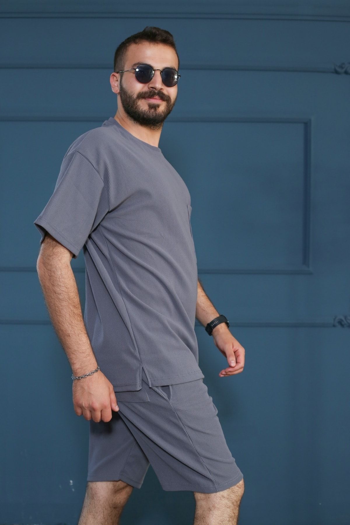 Gri Bisiklet Yaka Fitilli Oversize T-Shirt 90153-11