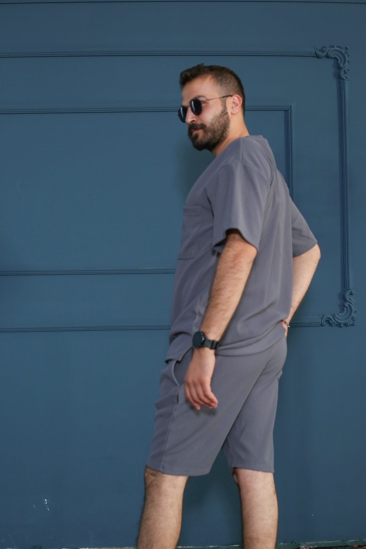 Gri Bisiklet Yaka Fitilli Oversize T-Shirt 90153-11