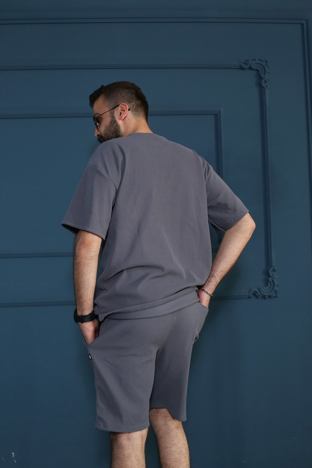 Gri Bisiklet Yaka Fitilli Oversize T-Shirt 90153-11