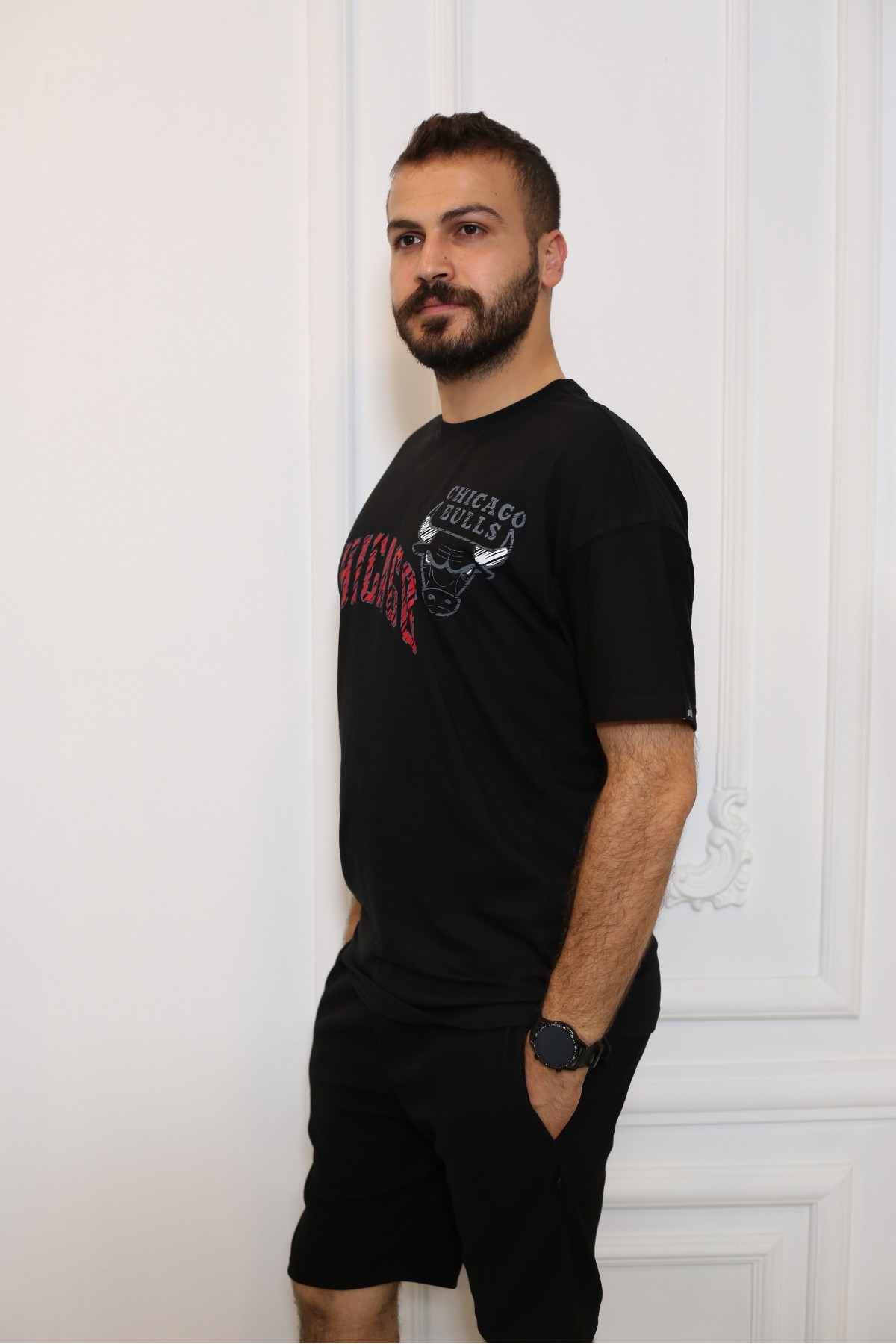 Siyah Kısa Kol Bisiklet Yaka Sırt Yazılı Baskılı Oversize T-Shirt 9021-01