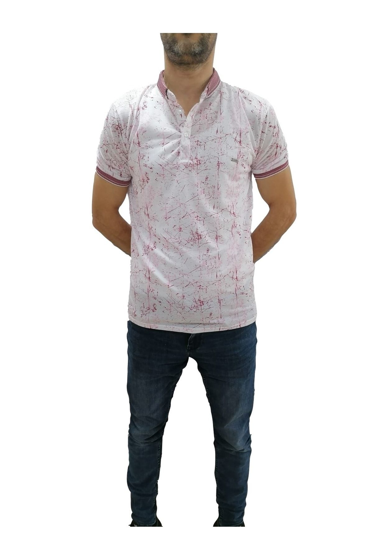 Erkek Bordo Dijital Baskı Desenli Polo Yaka Kısa Kol T-Shirt 9045-1